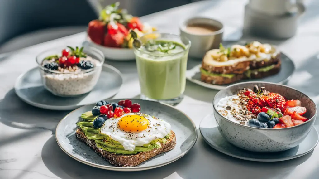 Mesa con desayunos saludables: avena con frutos rojos, tostada de aguacate con huevo, smoothie verde, café y fruta fresca.