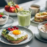 Mesa con desayunos saludables: avena con frutos rojos, tostada de aguacate con huevo, smoothie verde, café y fruta fresca.