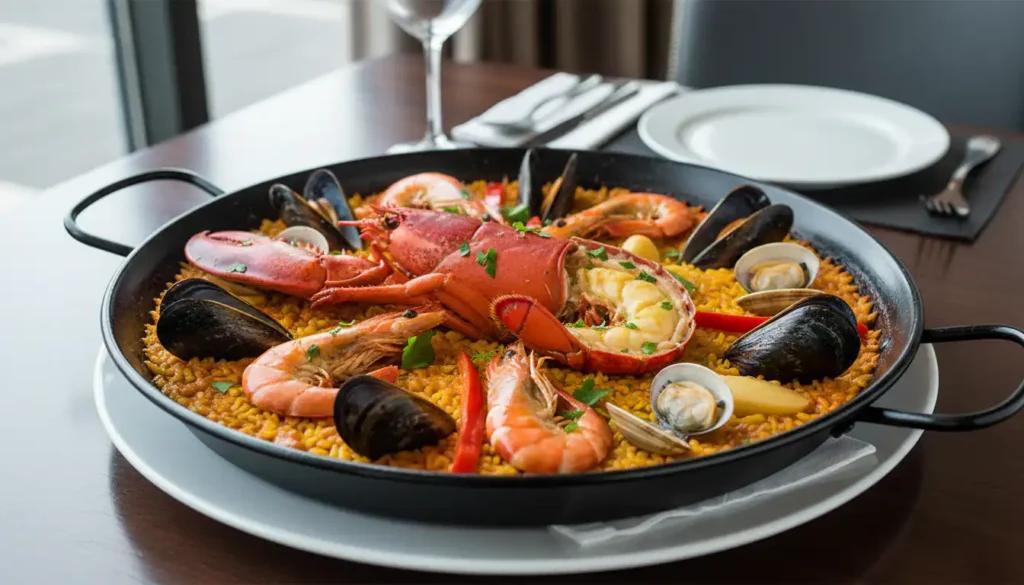 Paella de marisco gourmet con bogavante, gambas, mejillones y almejas sobre arroz dorado