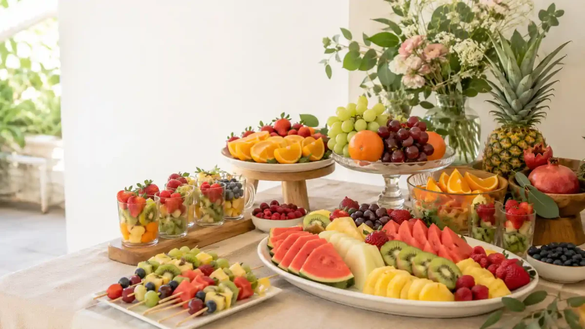 mesa de frutas para fiestas con sandía melón uvas fresas piña y brochetas