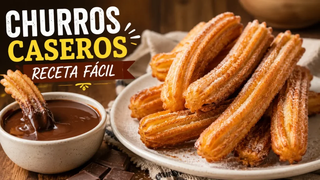 Churros caseros dorados con azúcar, servidos con chocolate espeso para mojar y texto en la imagen que dice “Churros Caseros Receta Fácil”.
