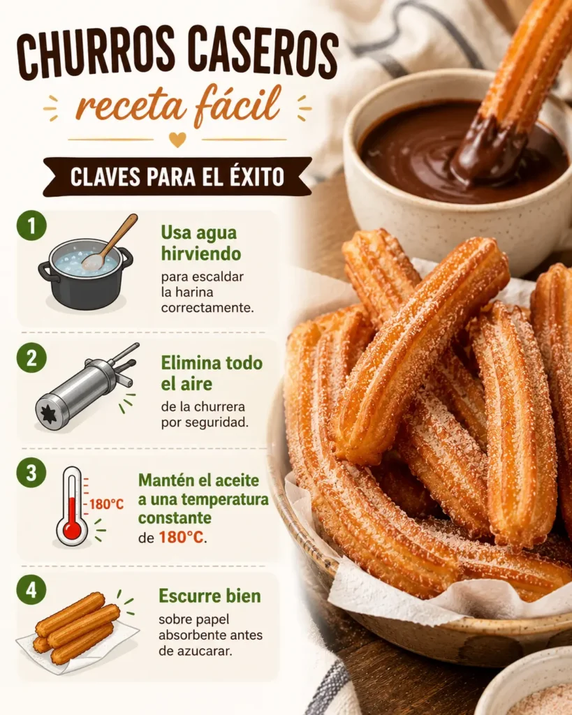 Infografía vertical con consejos para hacer churros caseros, mostrando churros dorados con chocolate caliente y pasos clave de preparación.