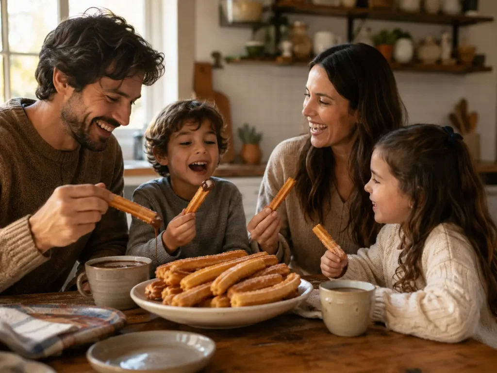 Familia sentada en la cocina disfrutando churros caseros con chocolate caliente en una mesa de madera.