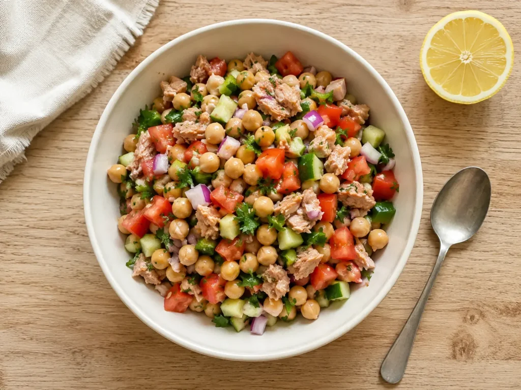 Ensalada fría de garbanzos con atún, tomate, pepino, cebolla y pimiento