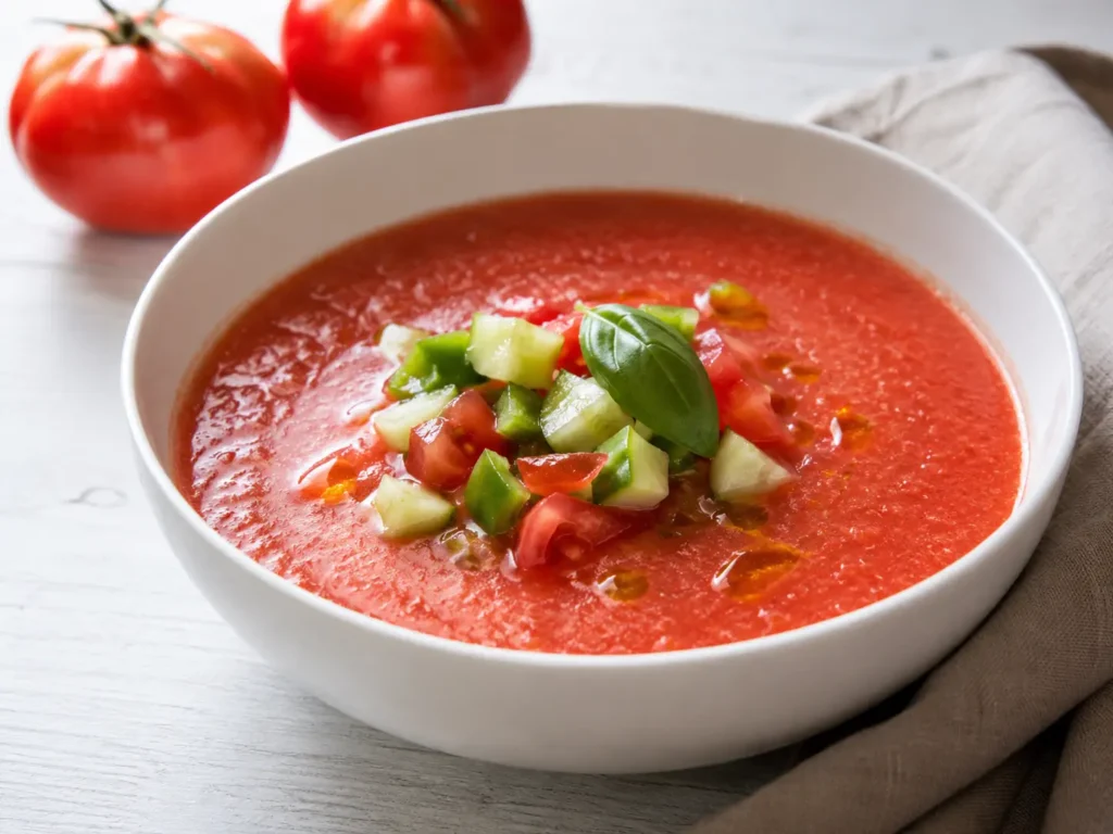 Cuenco de gazpacho casero frío con tomate, pepino y aceite de oliva