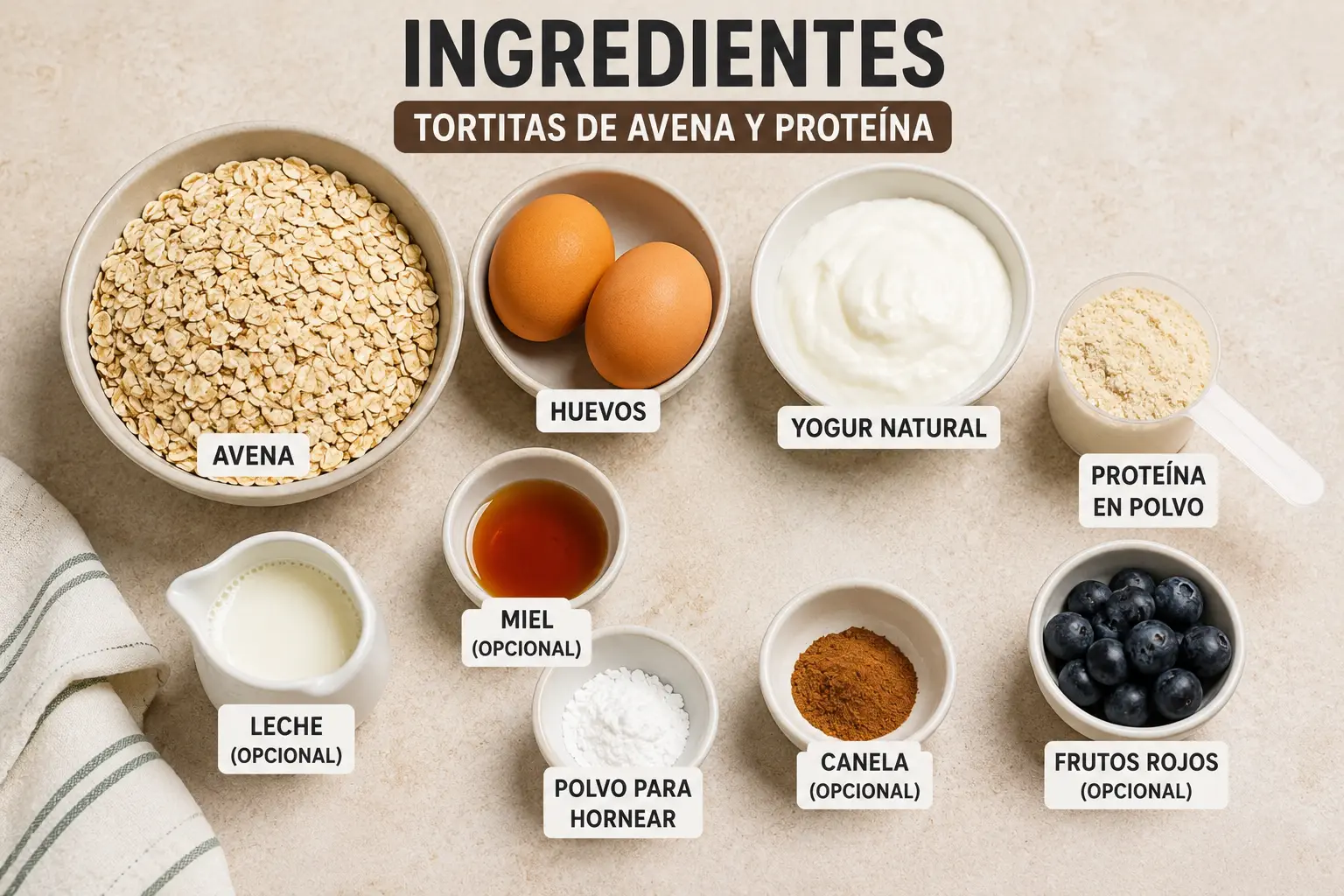  Ingredientes básicos para hacer tortitas de avena y proteína sobre una mesa