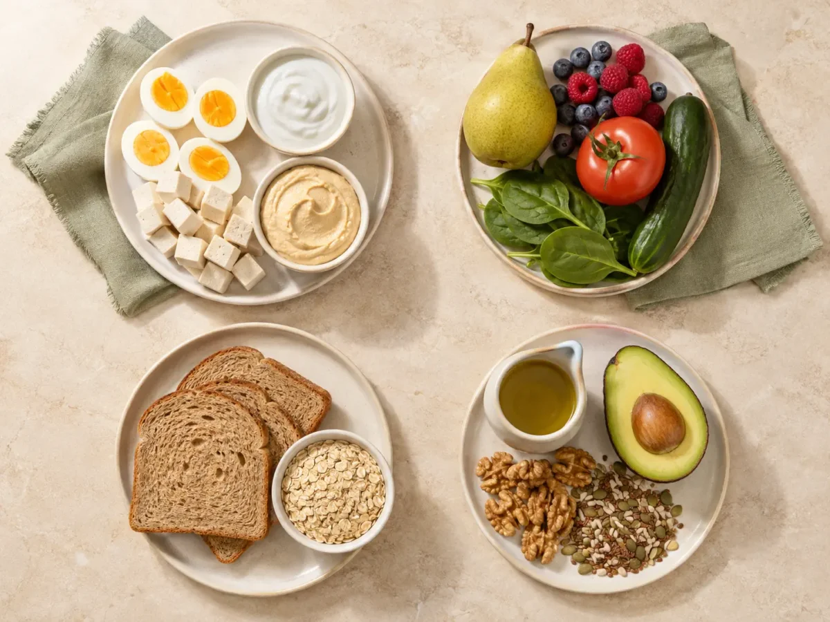 Ingredientes para combinar un desayuno con proteína, fruta, cereales integrales y grasas saludables