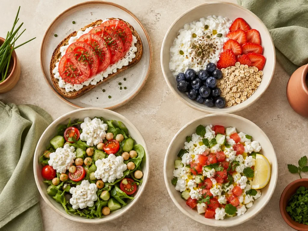 Cuatro formas de comer queso cottage: en tostada, con fruta, en ensalada y en un bol mediterráneo