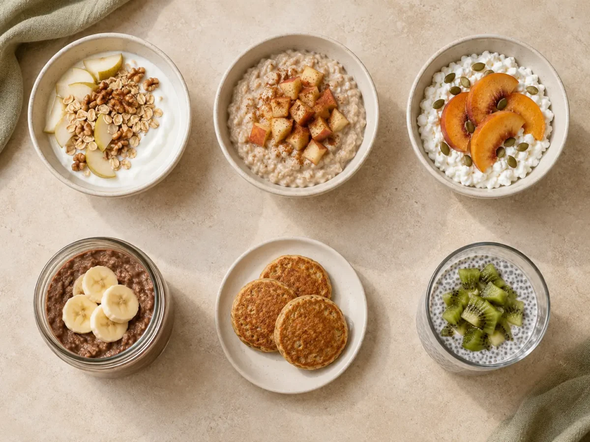 Desayunos dulces con yogur, porridge, cottage, avena nocturna, tortitas y pudín de chía