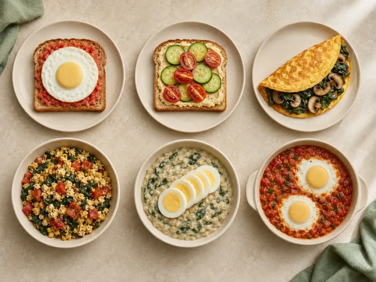 Desayunos salados con huevo, hummus, tofu, avena, verduras y shakshuka