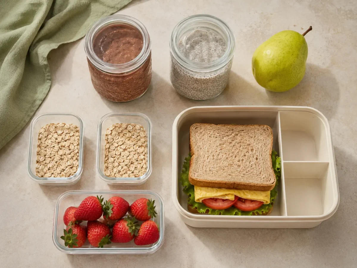 Tarros de avena y chía, ingredientes medidos y bocadillo integral preparado para llevar